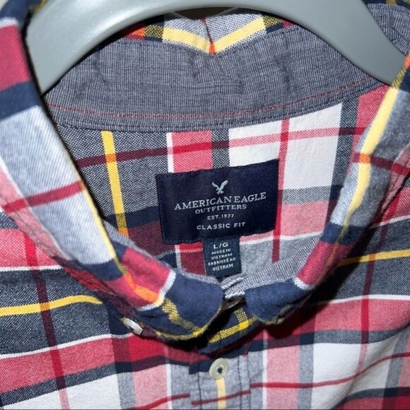 American Eagle Red, White, Yellow, and Navy Plaid Button Down Shirt‎ - Picture 2 of 4